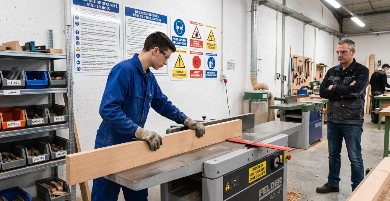 Jeune apprenti en bleu de travail et lunettes de protection utilisant une dégauchisseuse dans un atelier pédagogique de CFA bois, sous supervision d'un formateur