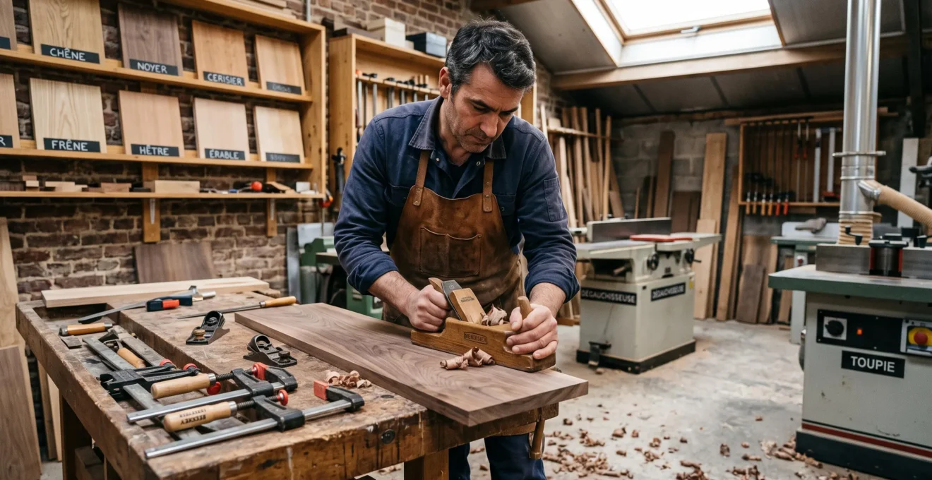 Artisan ébéniste dans la quarantaine travaillant à l'établi dans son atelier professionnel, rabotant une planche de noyer, avec machines-outils et étagères d'essences de bois en arrière-plan