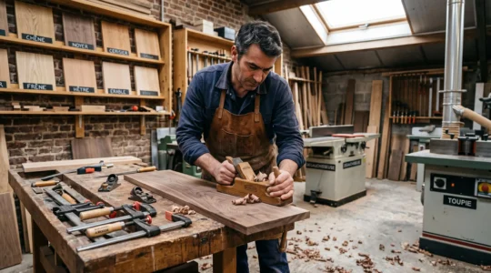 Artisan ébéniste dans la quarantaine travaillant à l'établi dans son atelier professionnel, rabotant une planche de noyer, avec machines-outils et étagères d'essences de bois en arrière-plan
