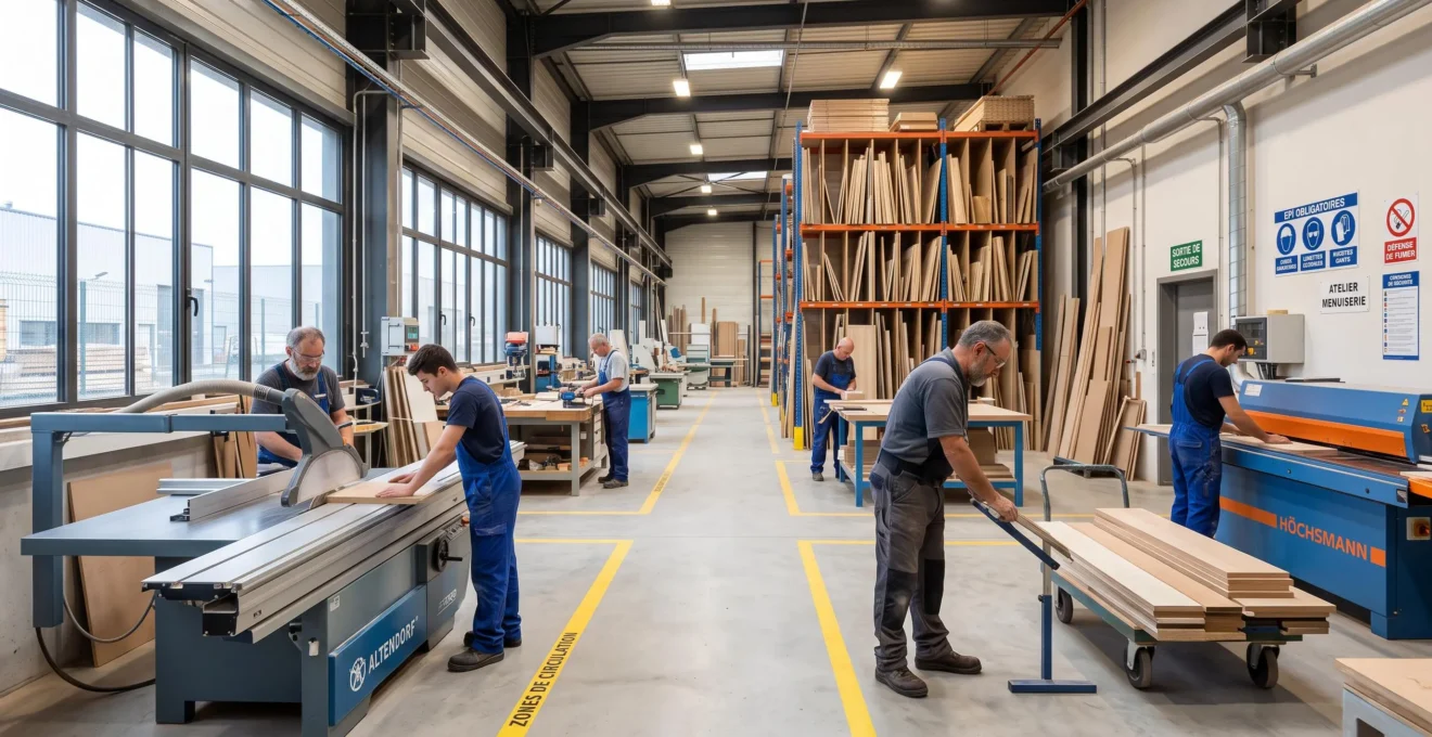 Atelier de menuiserie professionnelle d'une PME française avec plusieurs artisans au travail, machines-outils modernes, panneaux de bois sur racks et signalétique de sécurité