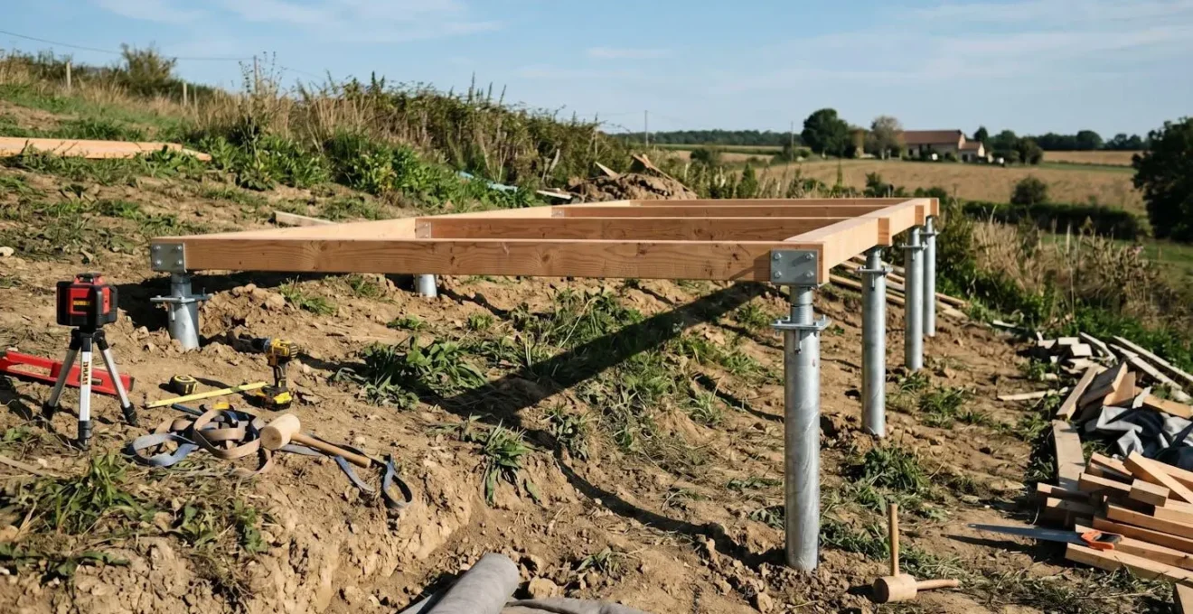Chantier de construction d'un pool house montrant fondations par plots vissés métalliques galvanisés enfoncés dans un terrain en pente, avec début d'ossature bois douglas assemblée sur têtes de plots réglables