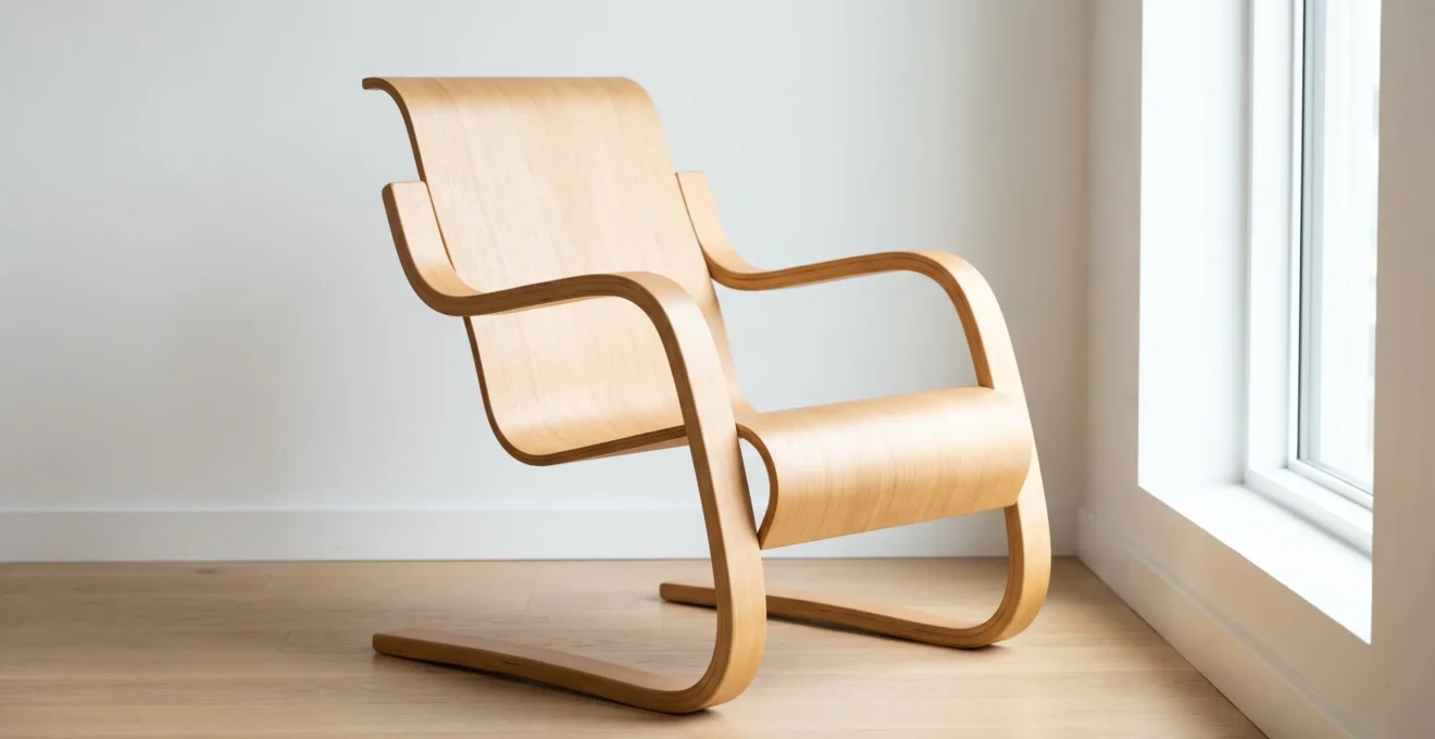 Fauteuil design bois cintré aux courbes organiques continues, finition bois clair naturel, intérieur scandinave lumineux