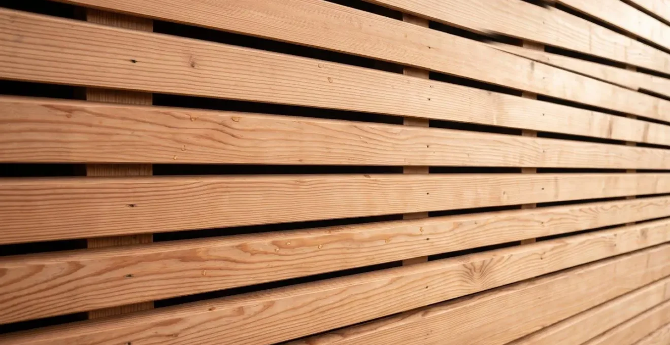 Gros plan sur bardage horizontal claire-voie en douglas naturel montrant l'espacement de 8-10mm entre lames et la lame d'air ventilée révélant l'ossature bois en arrière-plan