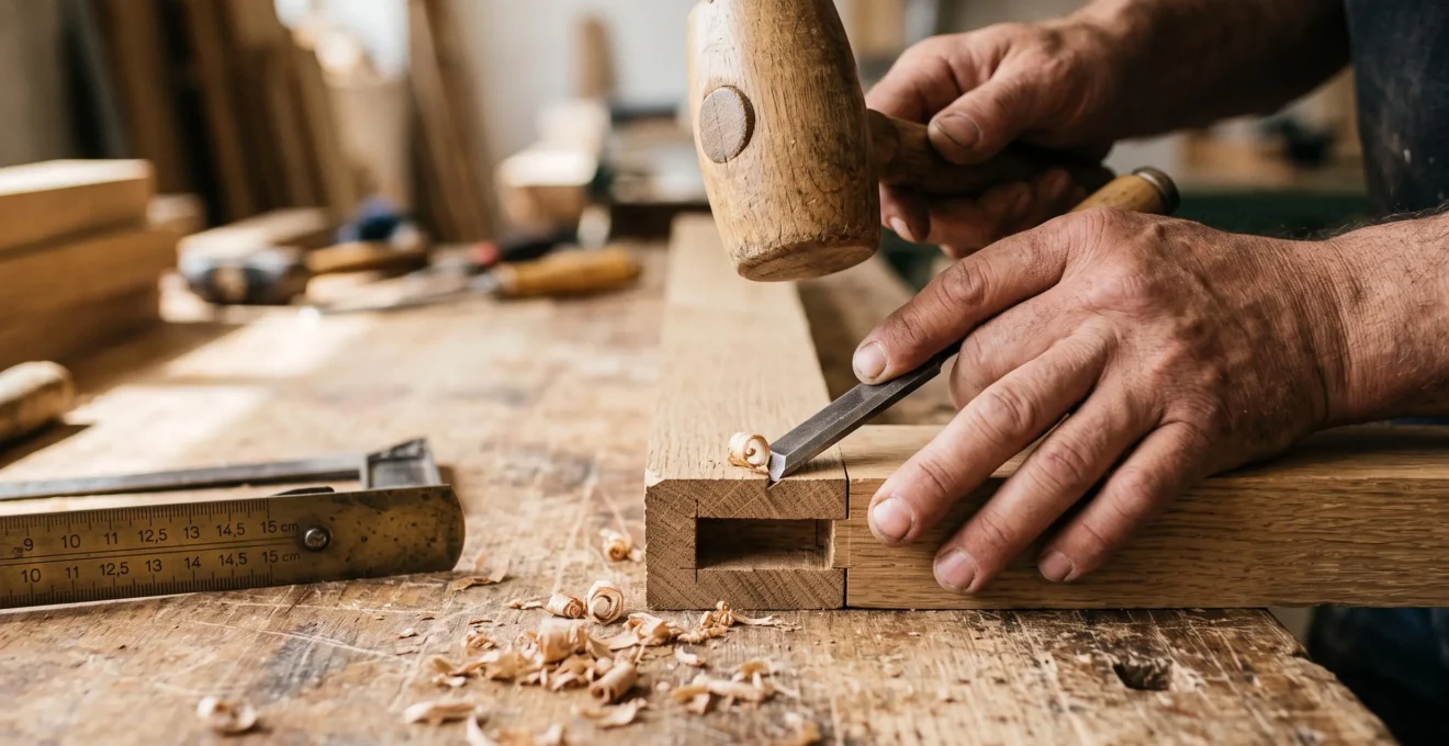Gros plan sur des mains de menuisier ajustant un assemblage tenon-mortaise dans une pièce de chêne massif, avec maillet et ciseau à bois sur établi