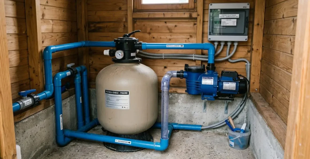 Intérieur d'un local technique de pool house de 3-4m² montrant filtre à sable, pompe de circulation, tuyauterie PVC pression et coffret électrique IP65 organisés de manière fonctionnelle
