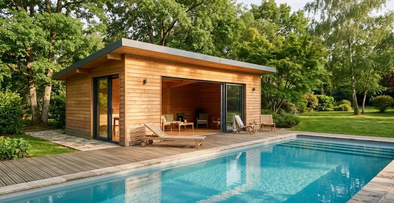 Pool house contemporain en bois avec bardage horizontal douglas et toiture mono-pente, implanté à proximité d'une piscine 8x4m dans un jardin paysagé avec terrasse bois