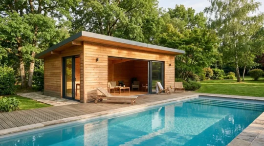 Pool house contemporain en bois avec bardage horizontal douglas et toiture mono-pente, implanté à proximité d'une piscine 8x4m dans un jardin paysagé avec terrasse bois