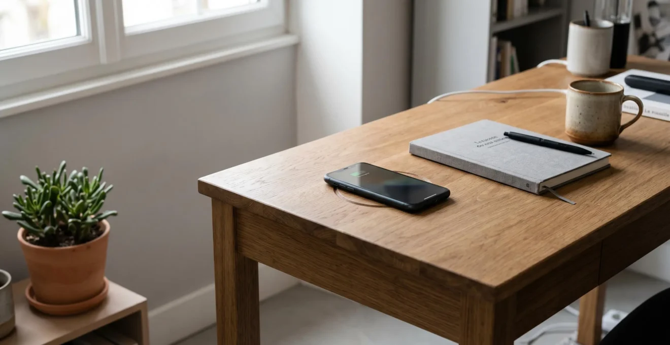 Smartphone en charge sans fil sur bureau chêne massif, zone de charge discrète intégrée, espace de travail contemporain épuré