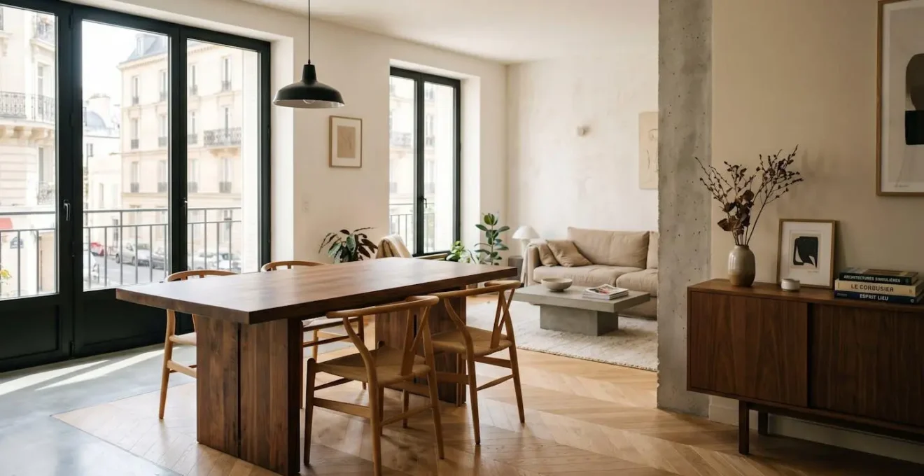 Table en chêne massif huilé dans séjour contemporain français baigné de lumière naturelle, design minimaliste scandinave