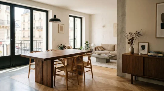 Table en chêne massif huilé dans séjour contemporain français baigné de lumière naturelle, design minimaliste scandinave