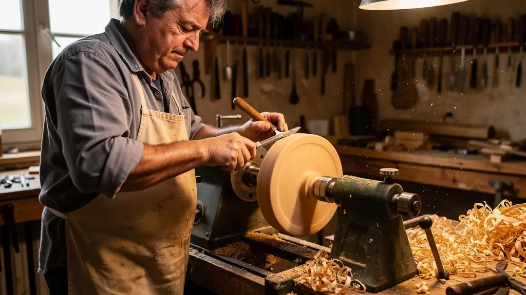 Artisan français travaillant au tour à bois traditionnel dans son atelier, façonnant un bol en bois avec des outils manuels.