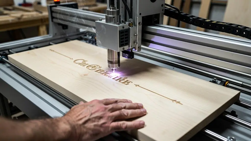 Gros plan sur une machine de gravure laser en train de personnaliser une planche en bois de frêne dans un atelier artisanal français.